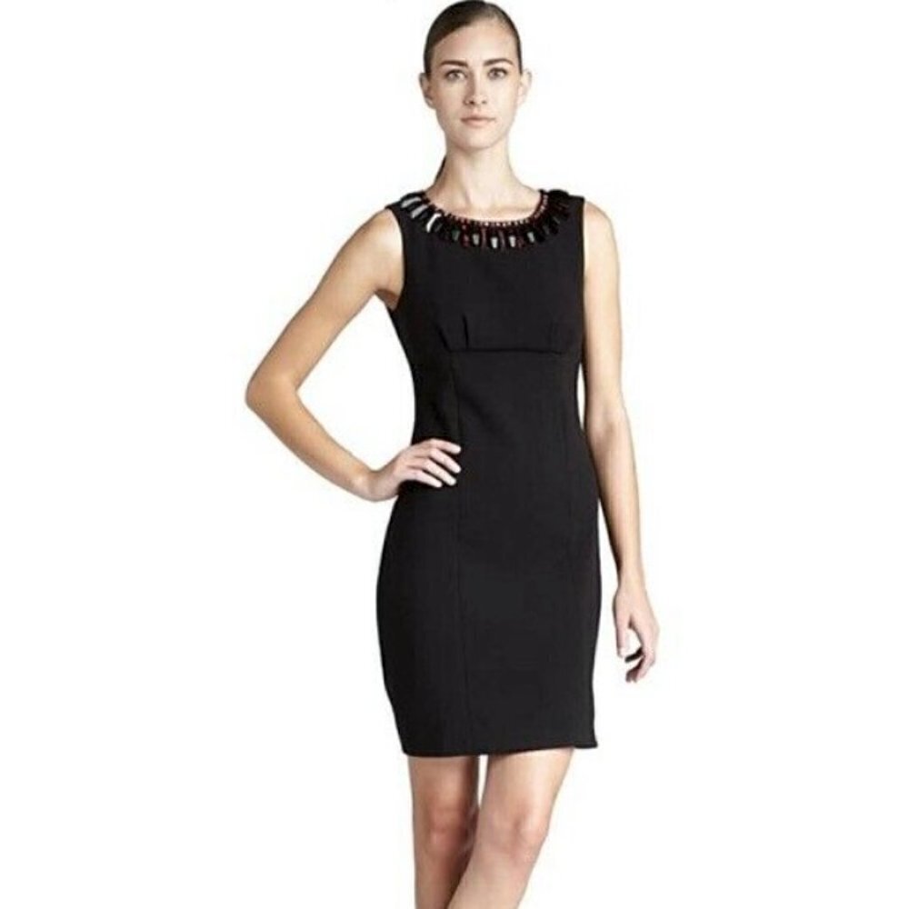 KATE SPADE Diana Ruby Red/Blk Beaded Sleeveless Sheath Black Dress, EUC 6 S